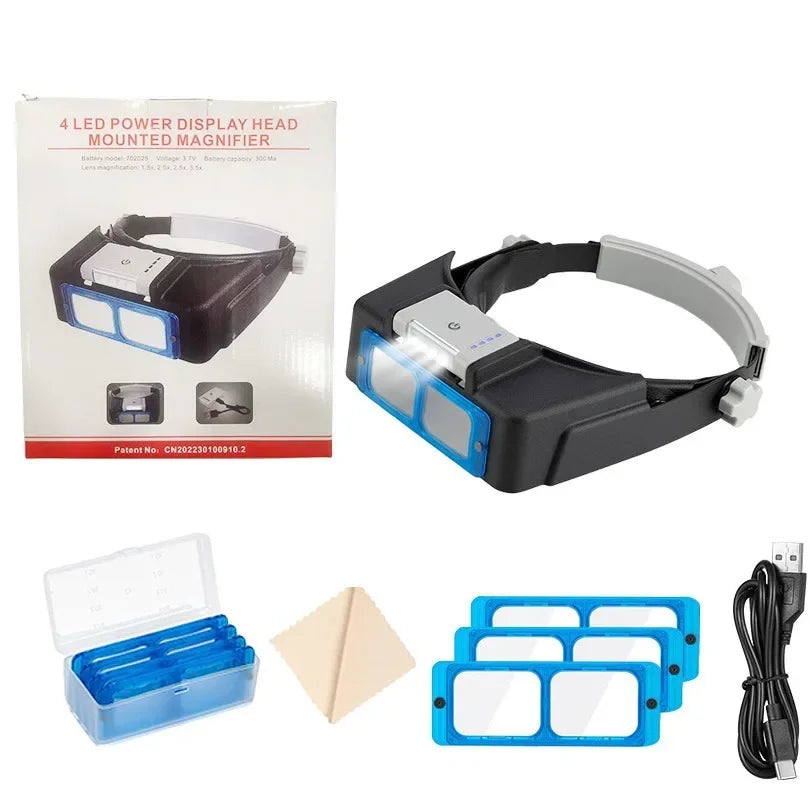Rechargeable Headband Magnifier with 4 LED Lights — Interchangeable 1.5X/2X/2.5X/3.5X Lenses for Reading, Repair & Soldering