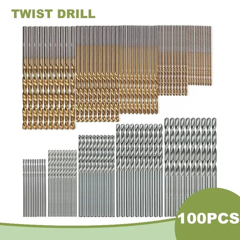 100-Piece Twist Drill Bit Set 1–3mm (0.04–0.12 in) Titanium Plated + Natural Finish for Wood & Metal, Handheld & Electric Drills