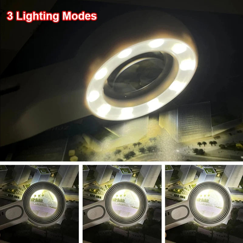Rechargeable LED Handheld Magnifier 3 Lighting Modes Illuminated Magnifying Glass for Seniors Reading and Repair