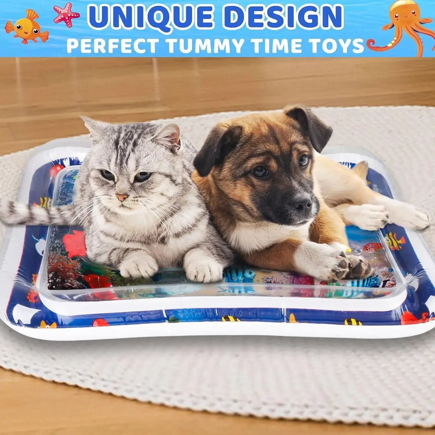 Inflatable Water Sensory Play Mat for Cats & Dogs, Thick PVC Pet Playmat with Fish Ocean Theme