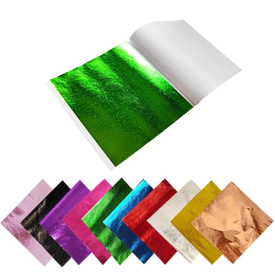 Colorful Gold Foil Leaf Sheets Set - 100 Sheets (10 Colors x 10) for Nail Art, Epoxy Resin, Phone Case & DIY Crafts