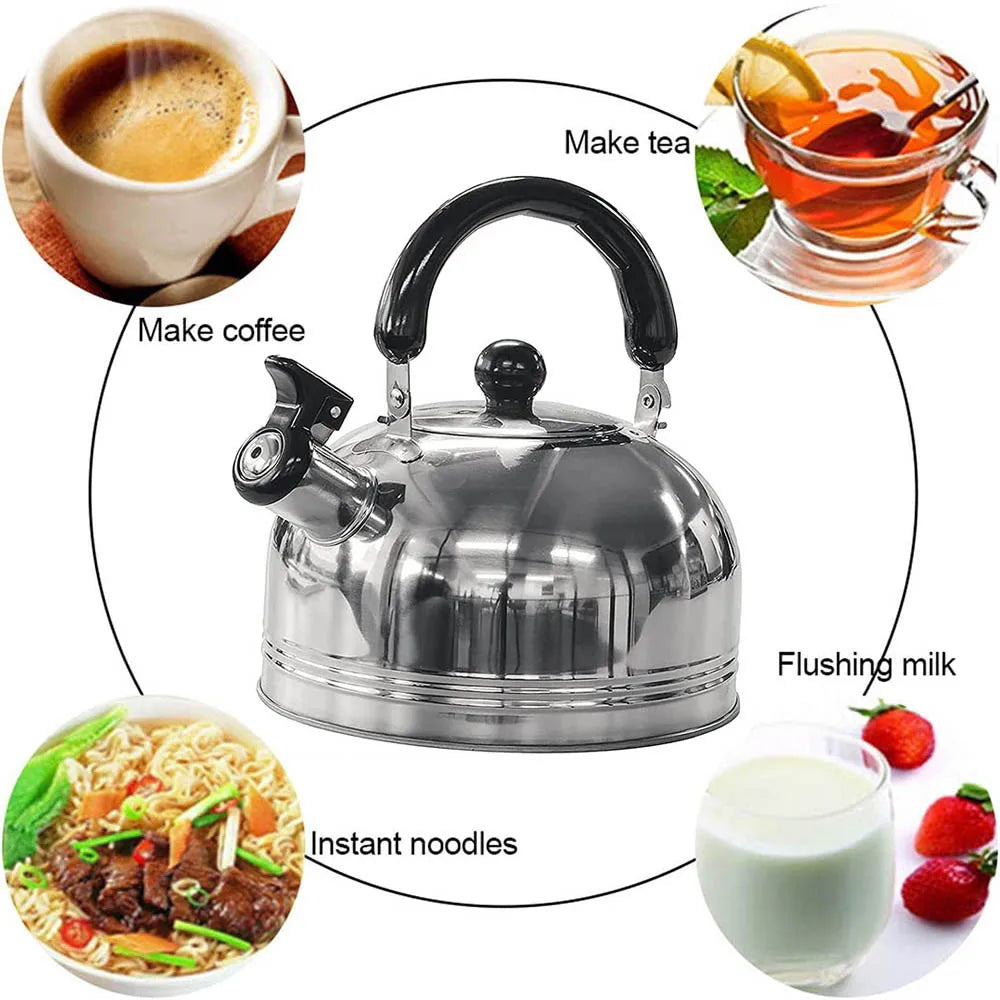 2L (68 fl oz) Stainless Steel Whistling Kettle – Portable Camping Teapot & Coffee Pot with Folding Handle