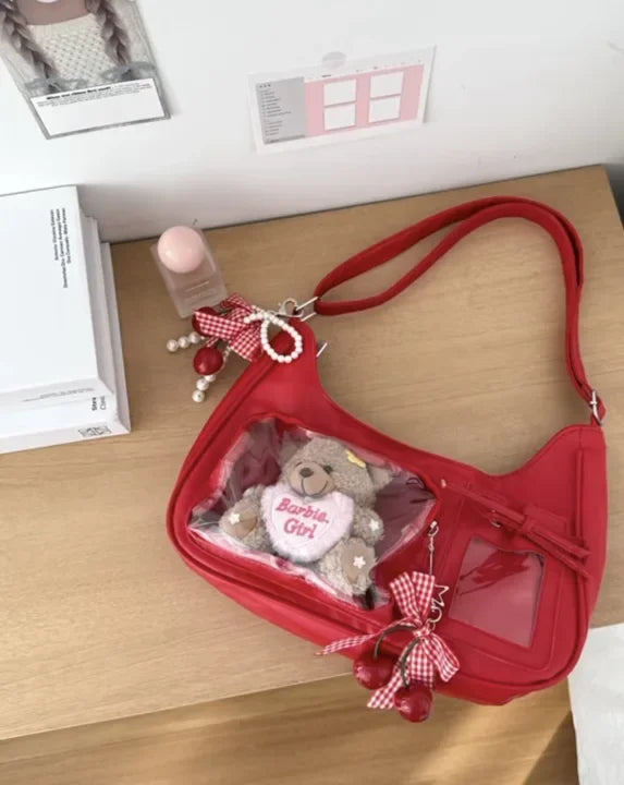 Harajuku Transparent Ita Shoulder Bag with Bow Accent – Korean Preppy School Crossbody Purse, Adjustable Strap