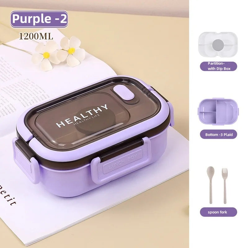 1200ml (1.2L / 40.6 fl oz) Double Layer Leakproof Microwaveable Lunch Box with Fork and Spoon - Portable Compartmental Bento Box for Picnic & Meal Prep
