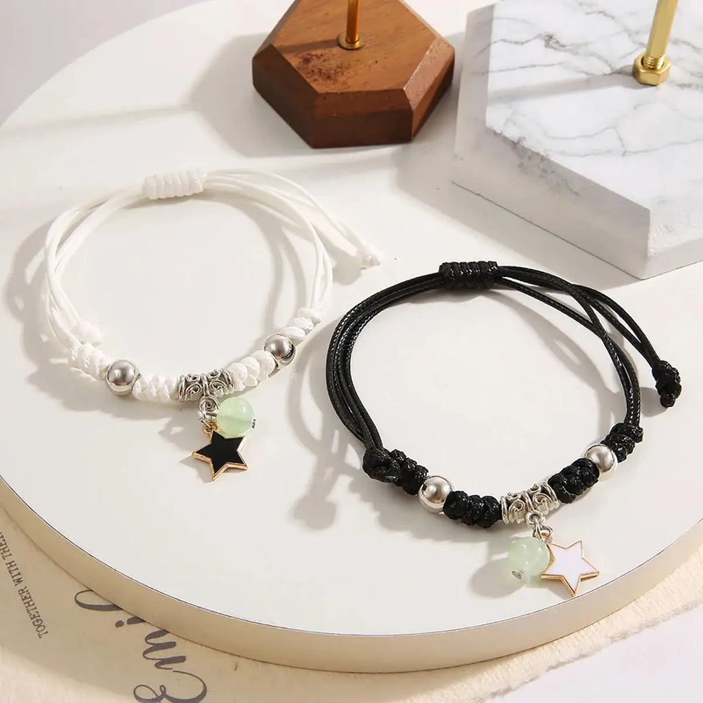 2-Piece Luminous Bead Couple Charm Bracelets - Star Moon Heart Cat Flower Matching Set (Unisex)