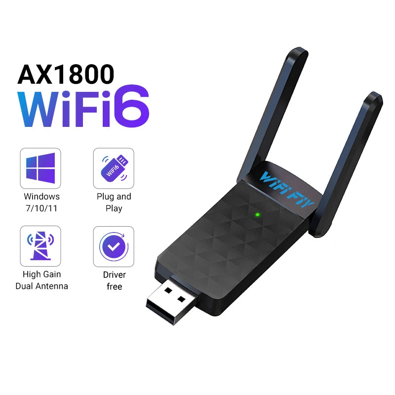 WiFi 6 USB 3.0 Adapter 1800Mbps Dual-Band 5GHz/2.4GHz 802.11ax High-Gain Antenna USB WiFi Dongle for Windows 7/10/11