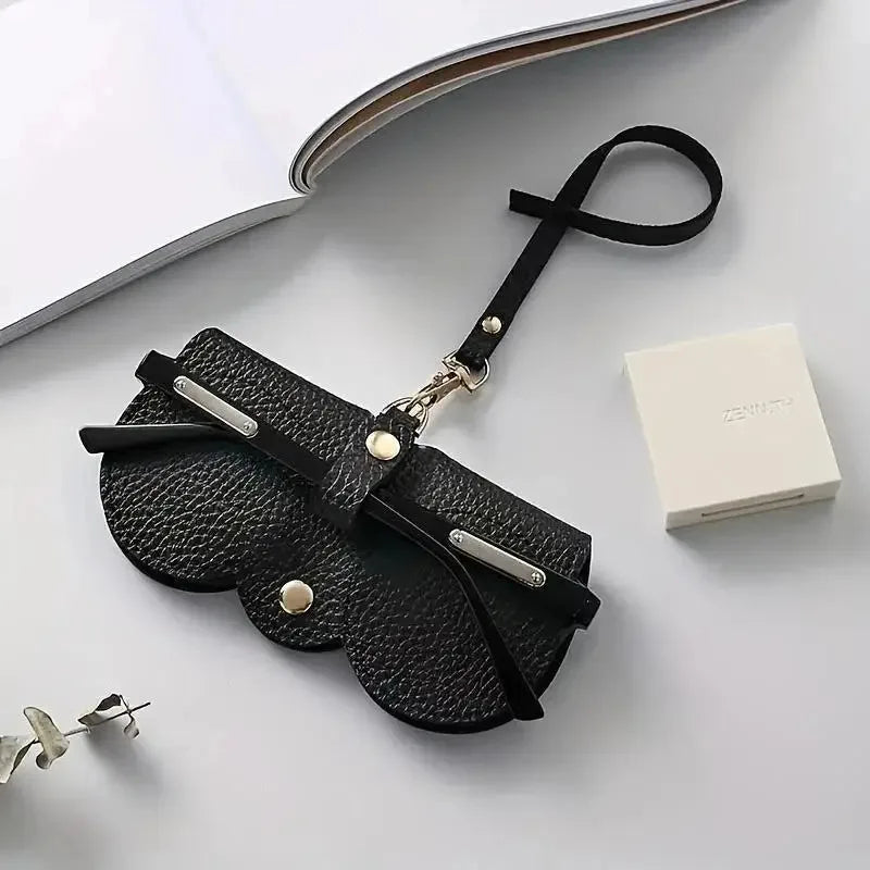 Litchi Embossed PU Leather Sunglasses Case with Hanging Strap Portable Eyewear Pouch for Sunglasses and Reading Glasses