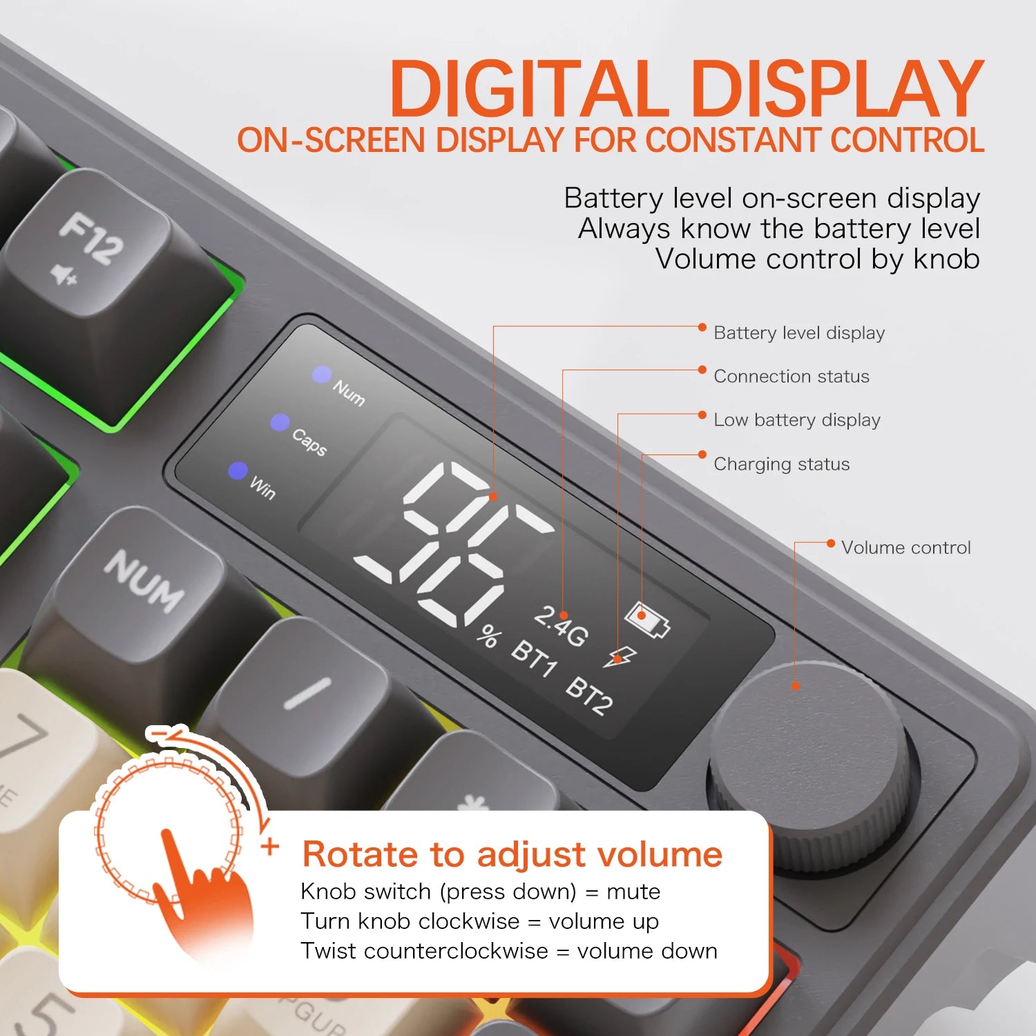 96-Key Bluetooth & 2.4G Wireless Gaming Keyboard with Smart Screen, RGB Backlight, Ergonomic PBT Keycaps — Multi-Device for PC Laptop Tablet