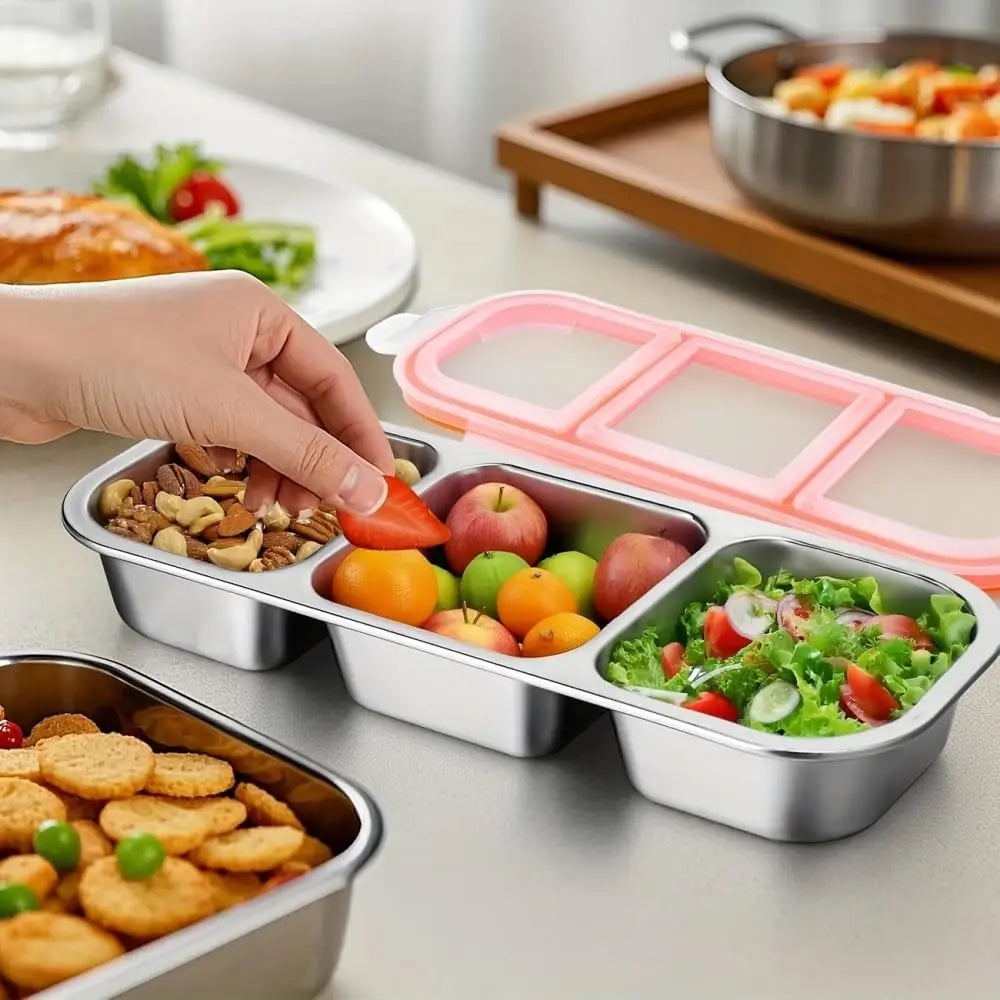 304 Stainless Steel Divided Lunch Box, 3-Compartment Portable Food Container with Lid, Dishwasher Safe for School Office Travel