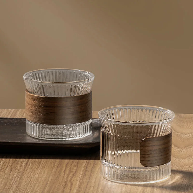 Japanese-Style Glass Coffee Mug with Walnut Sleeve – Kawaii Transparent Tea & Beer Cup