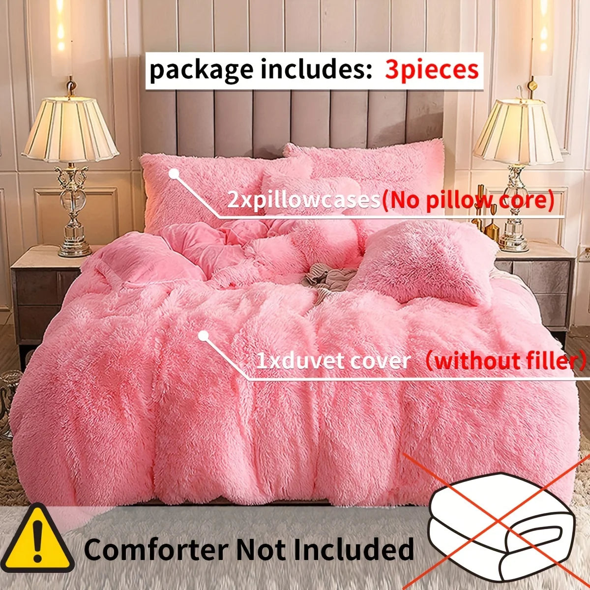 3-Piece Plush Faux Fur Duvet Cover Set - Soft Cozy Bedding, Multiple Sizes (1.0–2.0 m | 3.3–6.6 ft) for Bedroom, Guest Room, Dorm