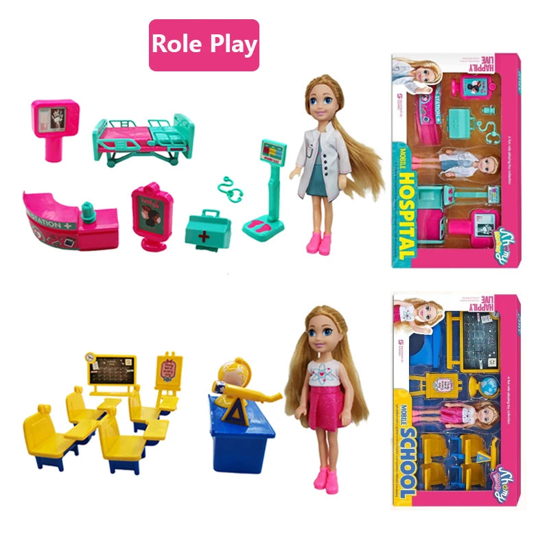5.5in (14 cm) Doll Playset - Medical & School Role-Play Kit with Accessories, Gift Box for Kids