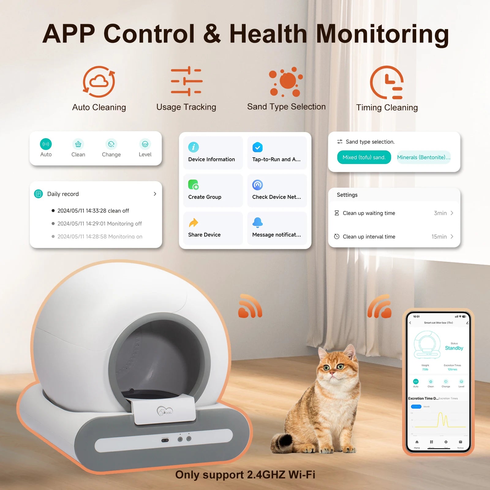 56L Self-Cleaning Smart Cat Litter Box — App Control (2.4GHz Wi‑Fi Only), Low-Entry 5.9 in / 15 cm, Includes Litter Mat & Waste Bags, Fits Tofu & Clumping Litter