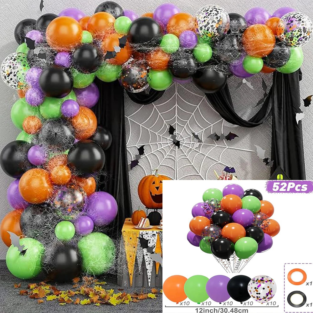 50-Pack Halloween Balloon Set – Matte Black, Orange & Purple with Metallic Confetti