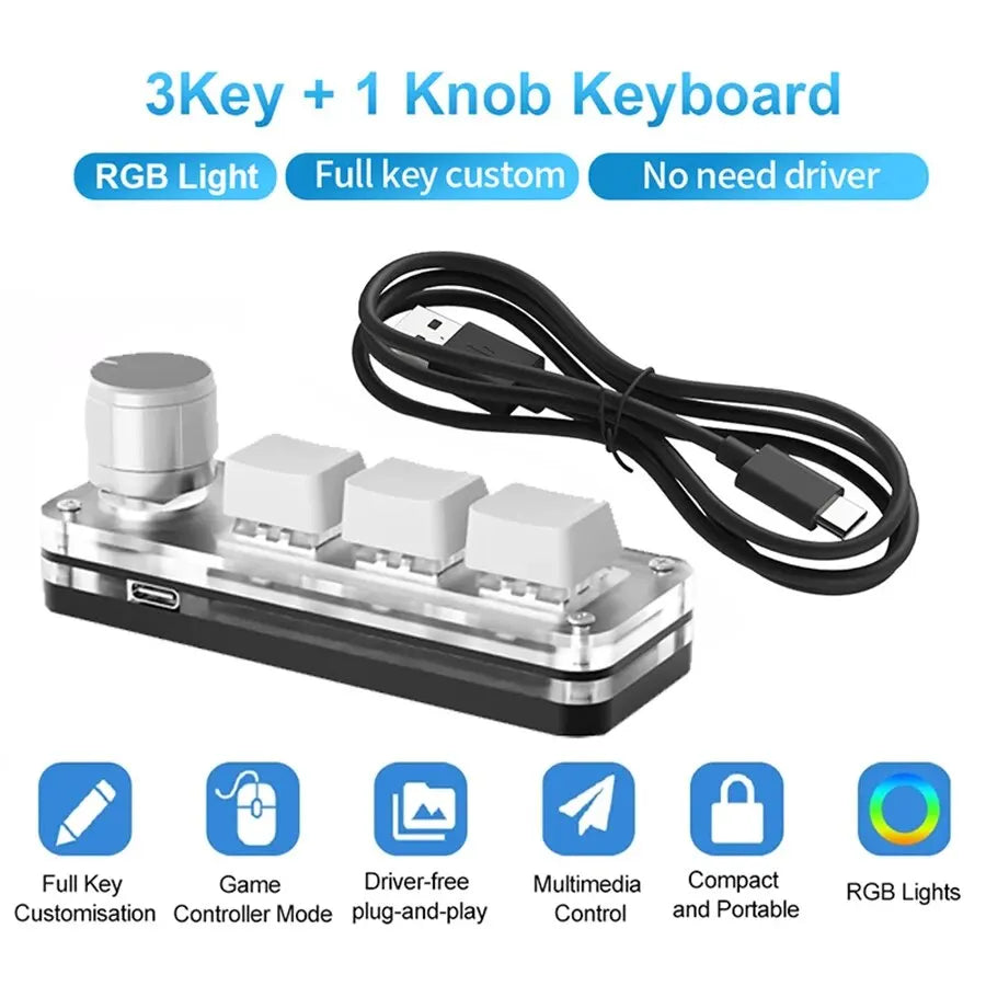 RGB Mechanical Macro Pad — 3-Key Programmable Mini Macropad with Knob, Hot-Swap USB-C for Photoshop & Gaming