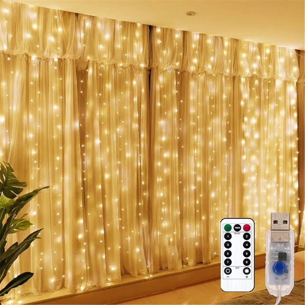 USB LED Curtain String Lights – 3×1m / 3×2m / 3×3m / 6×3m (9.8×3.3 / 9.8×6.6 / 9.8×9.8 / 19.7×9.8 ft) USB Powered with Remote – Fairy Lights for Wedding, Party & Home