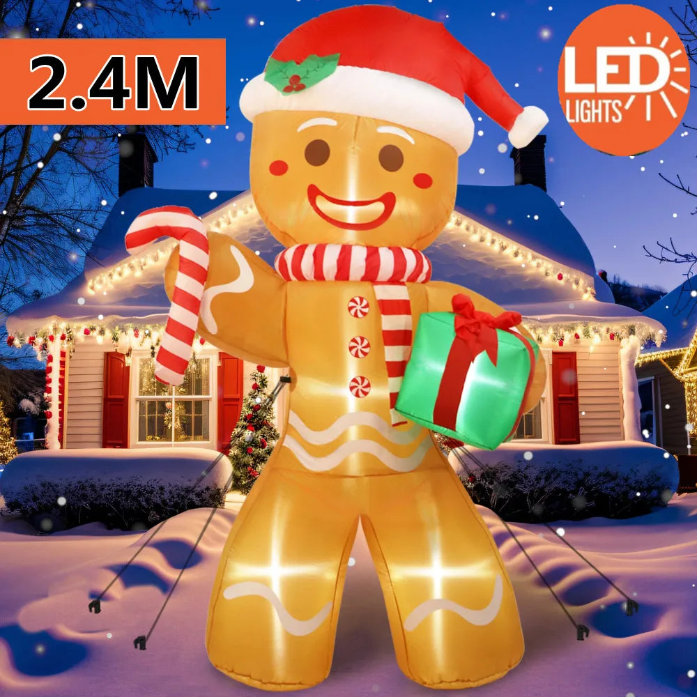 8 ft (2.4 m) Christmas Gingerbread Man Inflatable with LED Lights and Gift Sack - Outdoor Yard Lawn Decoration