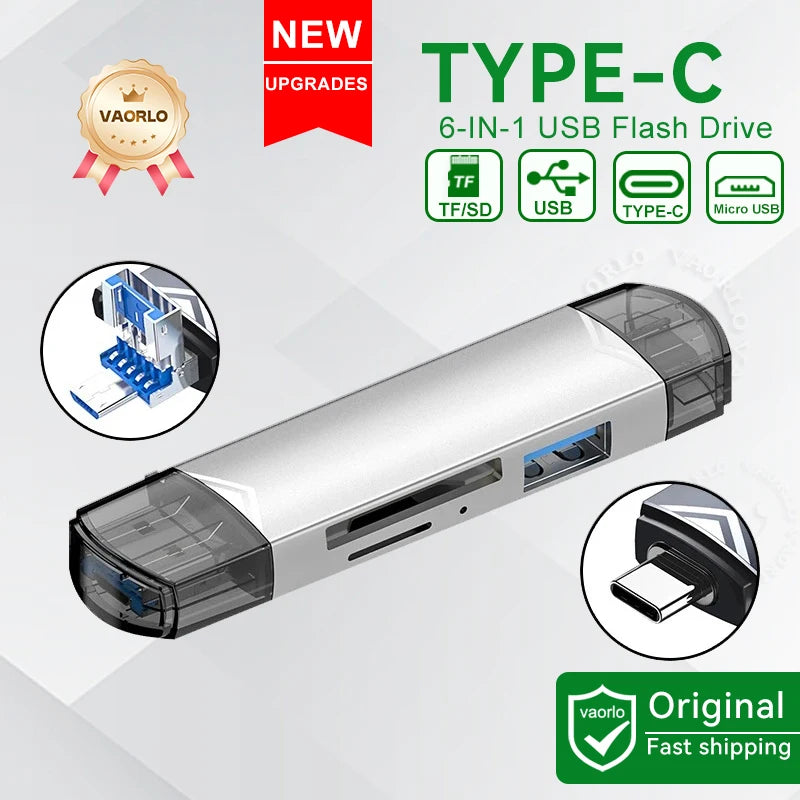 6-in-1 USB-C OTG Card Reader & USB 3.0 Flash Drive Adapter — SD / TF / MicroSD for Phone, Tablet, Laptop