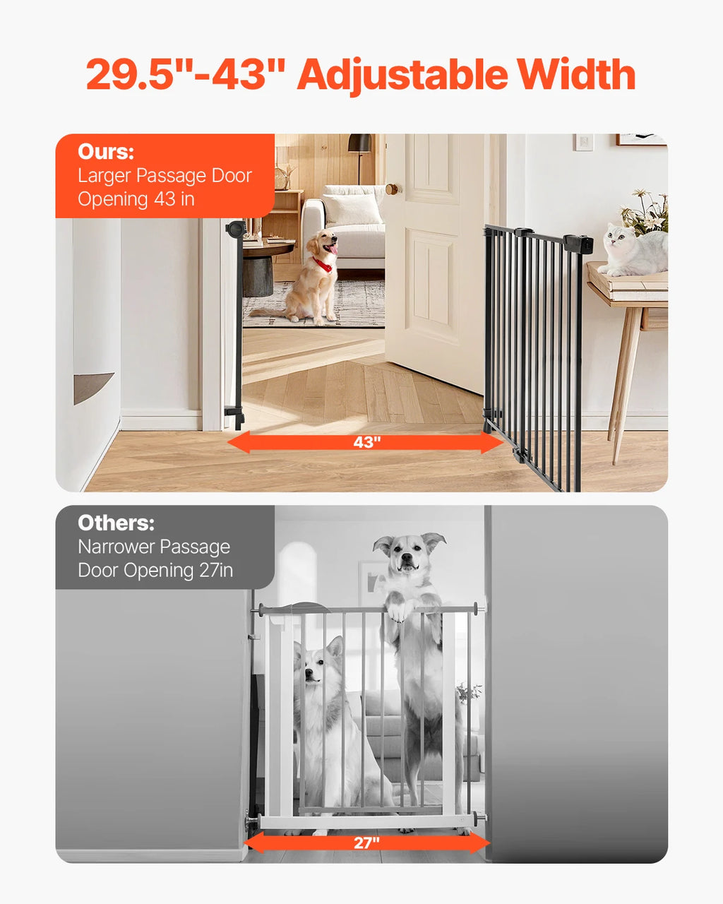 Adjustable Baby & Pet Gate 29.5–43 in (75–109 cm) Width, 28 in (71 cm) High Walk-Through No-Threshold Gate with One-Hand Double-Lock