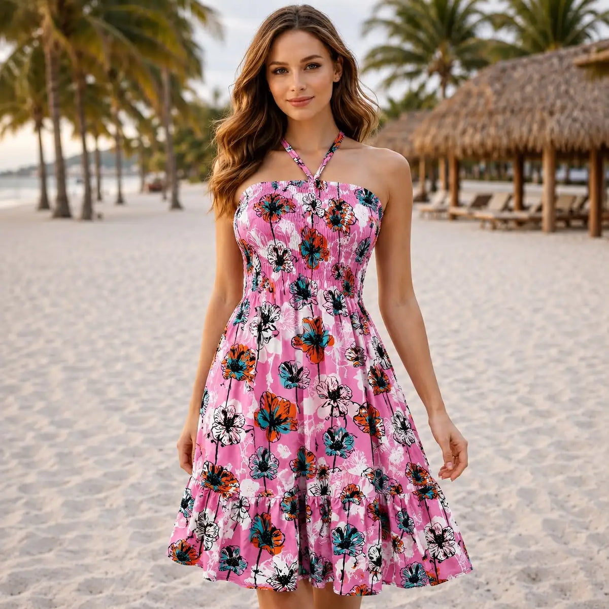 Women's Summer Floral Halter Neck Sundress Boho Smocked Backless Ruffle Beach Mini Dress