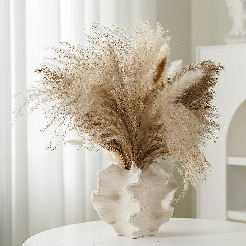 Ceramic Coral Vase Beige Matte, Nordic Tabletop Centerpiece for Pampas Grass & Flowers