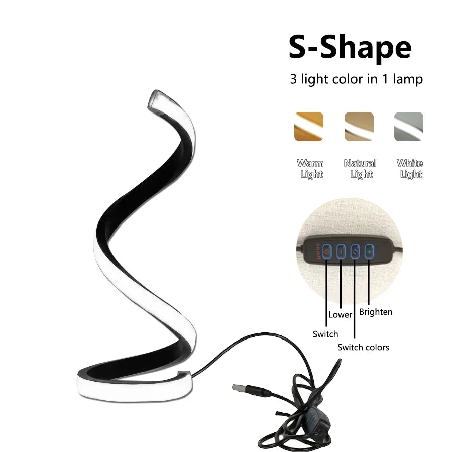 LED Spiral Table Lamp - Modern USB Dimmable Desk & Bedroom Light with 3-Speed Push Button
