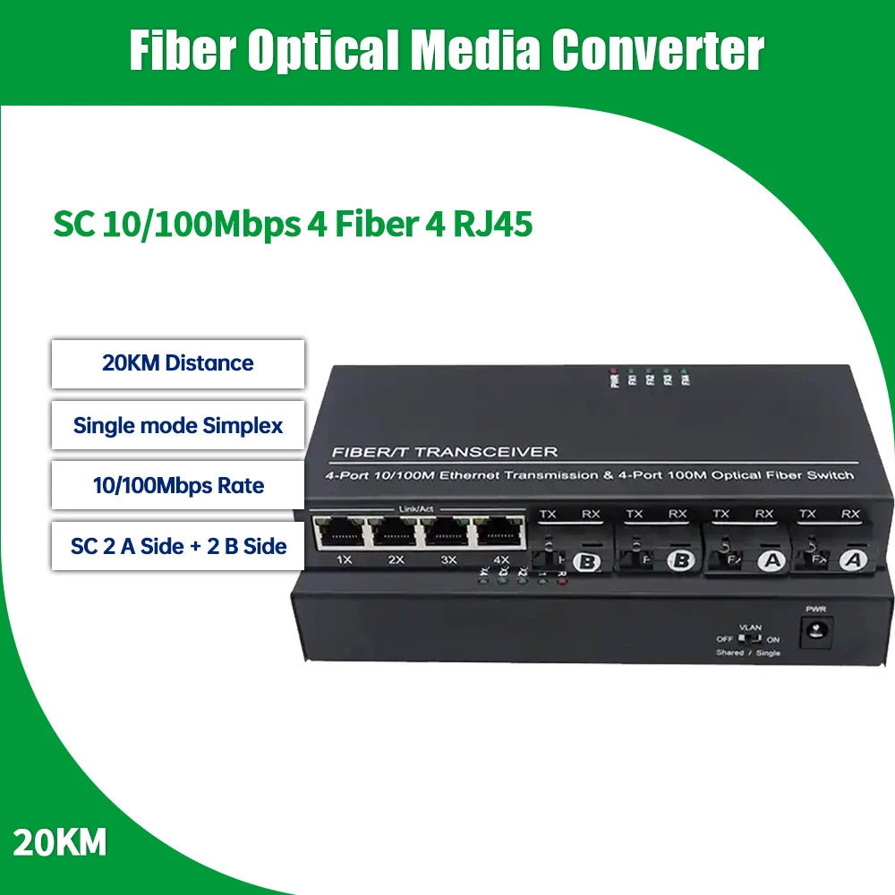 4-Port SC Fiber to 4-Port RJ45 10/100Mbps Media Converter Single Mode 20 km (12.4 mi) DC 5V