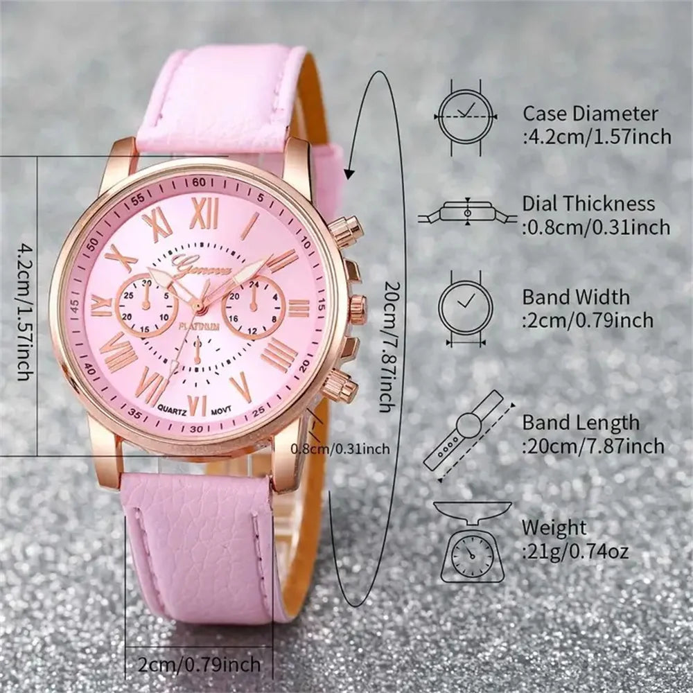 6-Piece Women's Quartz Watch Set — Leather Bands, Heart Rhinestone Analog Watches, 42mm (1.65in) Dial