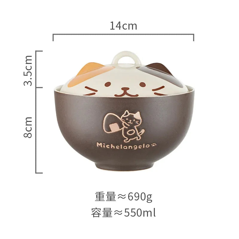 Japanese Style Ceramic Soup Bowl with Lid Cute Cat Cartoon Porcelain Noodle & Rice Bowl