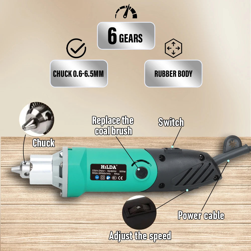 Engraver Electric Drill 500W 6-Speed Rotary Tool Kit - High-Power Grinder & Polisher for Woodworking