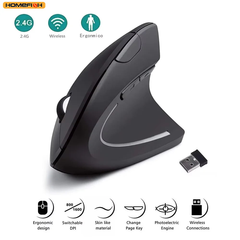 Vertical Ergonomic Wireless Mouse 2.4GHz Optical | 3 DPI 800/1200/1600, 6-Button USB Nano Receiver for Laptop & PC