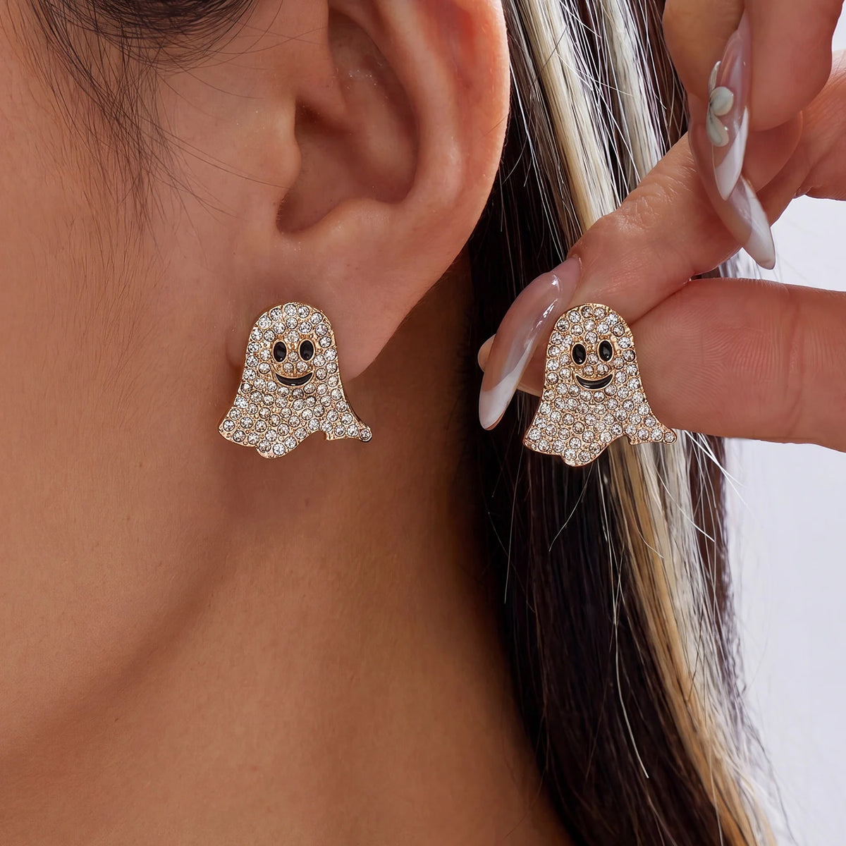 Sparkling Rhinestone Ghost Earrings for Women — Pavé Studs & Crystal Tassel Dangles (0.8–1.1 in / 2–2.8 cm) Halloween Costume Party Jewelry Gift