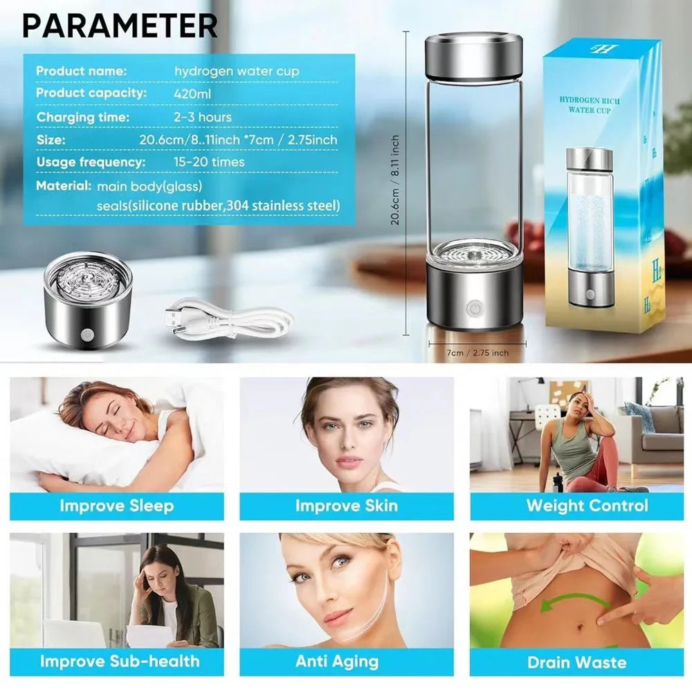 420ml (14.2 fl oz) Portable Hydrogen-Rich Water Bottle USB Electric Hydrogen Generator Antioxidant Water Ionizer