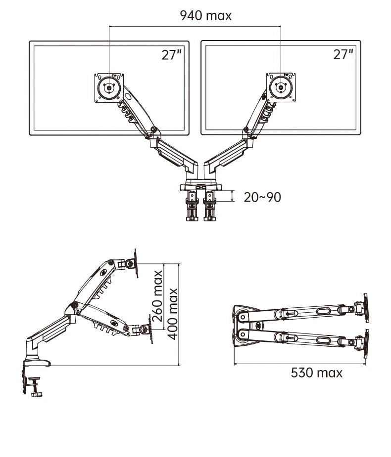 Gas Spring Dual Monitor Desk Mount 10-27 in (25-68 cm), 2-9 kg per Screen, 360° Rotation, VESA 75x75/100x100