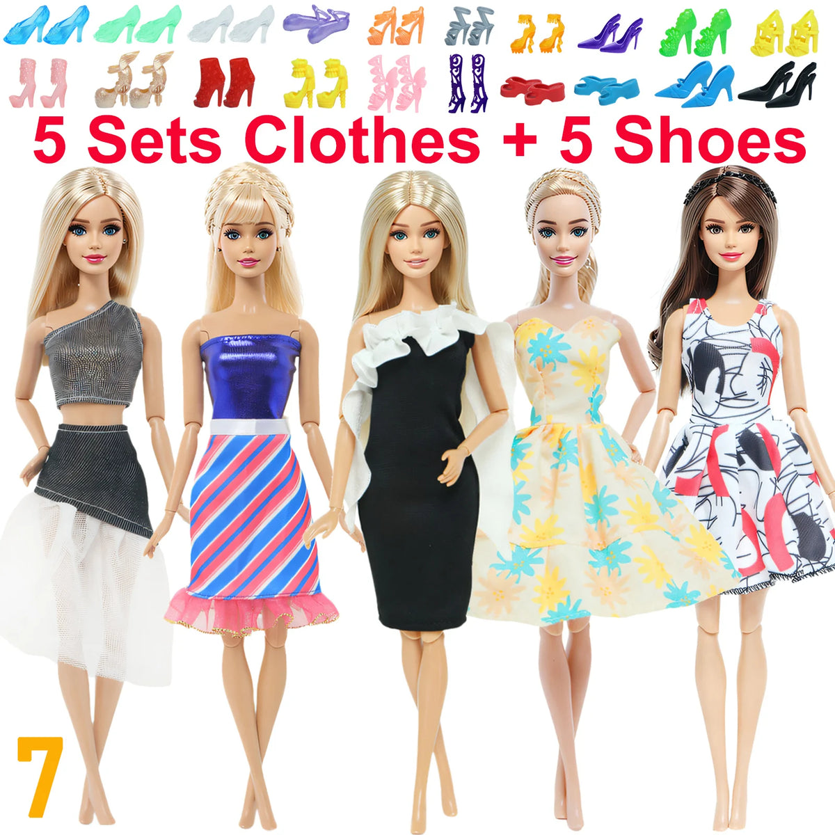 10-Piece 1/6 Scale Doll Clothes Set for 11.5–12 in (30 cm) Dolls — Dresses, Shirts, Pants & Shoes