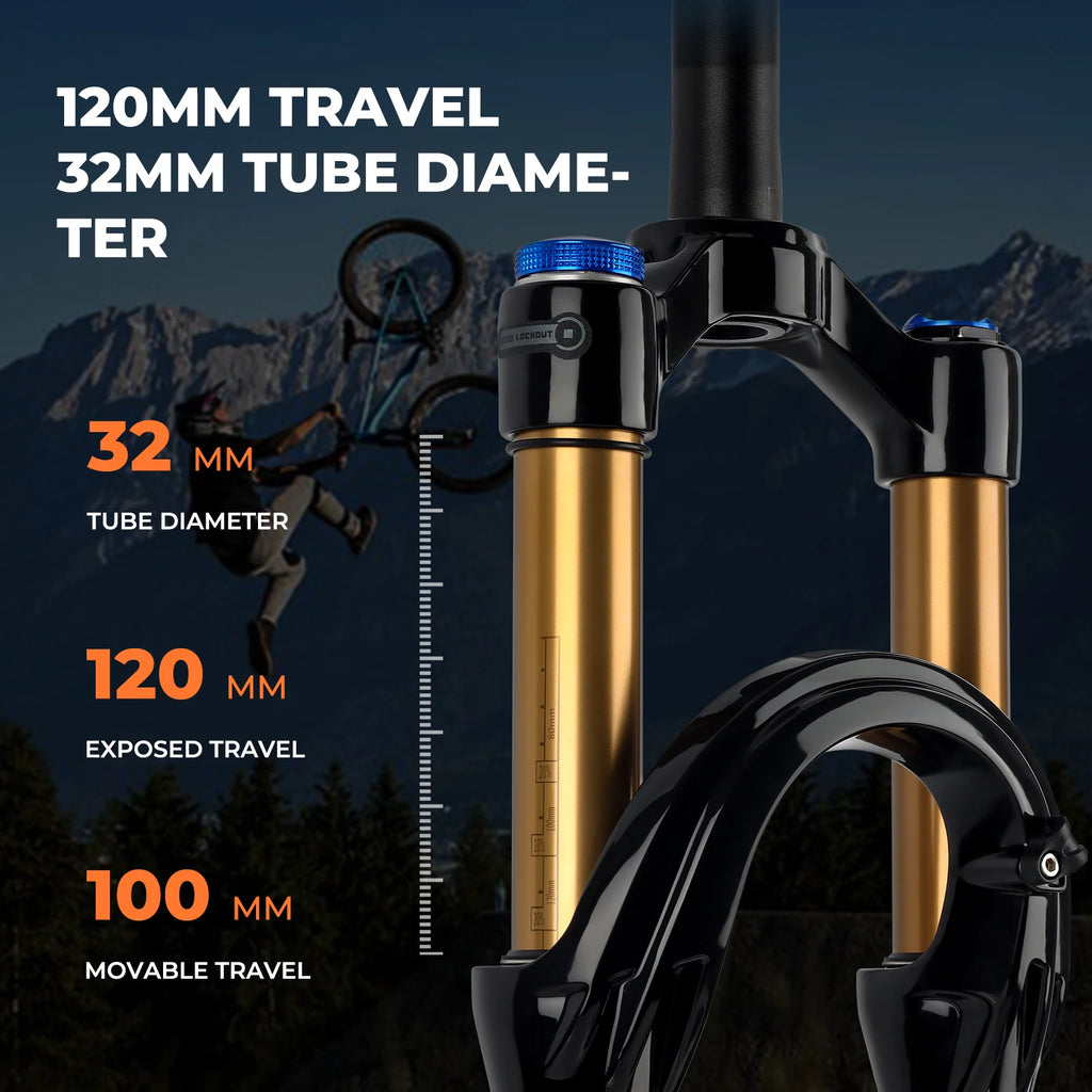 120mm (4.7in) Travel Mountain Bike Air Fork 27.5/29 in, 32mm (1.26in) Stanchion Magnesium Alloy Suspension - Orange