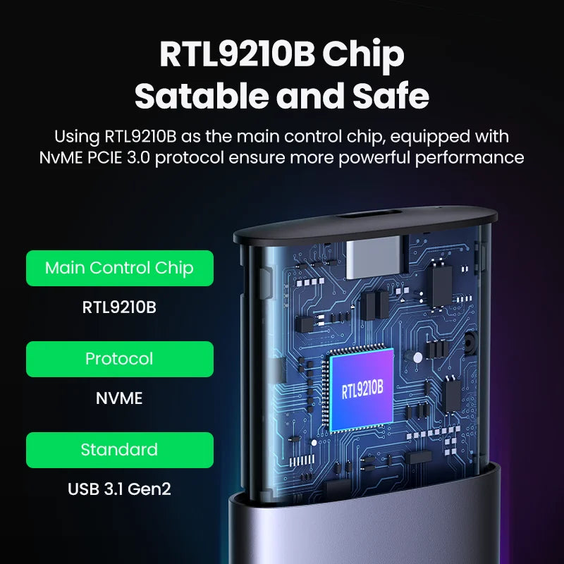 M.2 NVMe SATA SSD Enclosure USB-C 3.2 Gen2 10Gbps Tool-Free Fits 2230/2242/2260/2280 Up to 8TB Aluminum Case with Silicone Sleeve