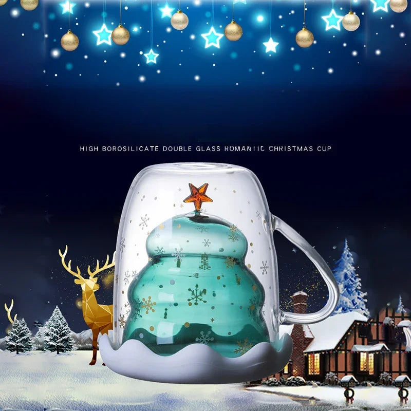 Christmas Tree Double Wall Glass Coffee Mug 300ml (10 fl oz), Heat-Resistant Cartoon Snow Mountain Design