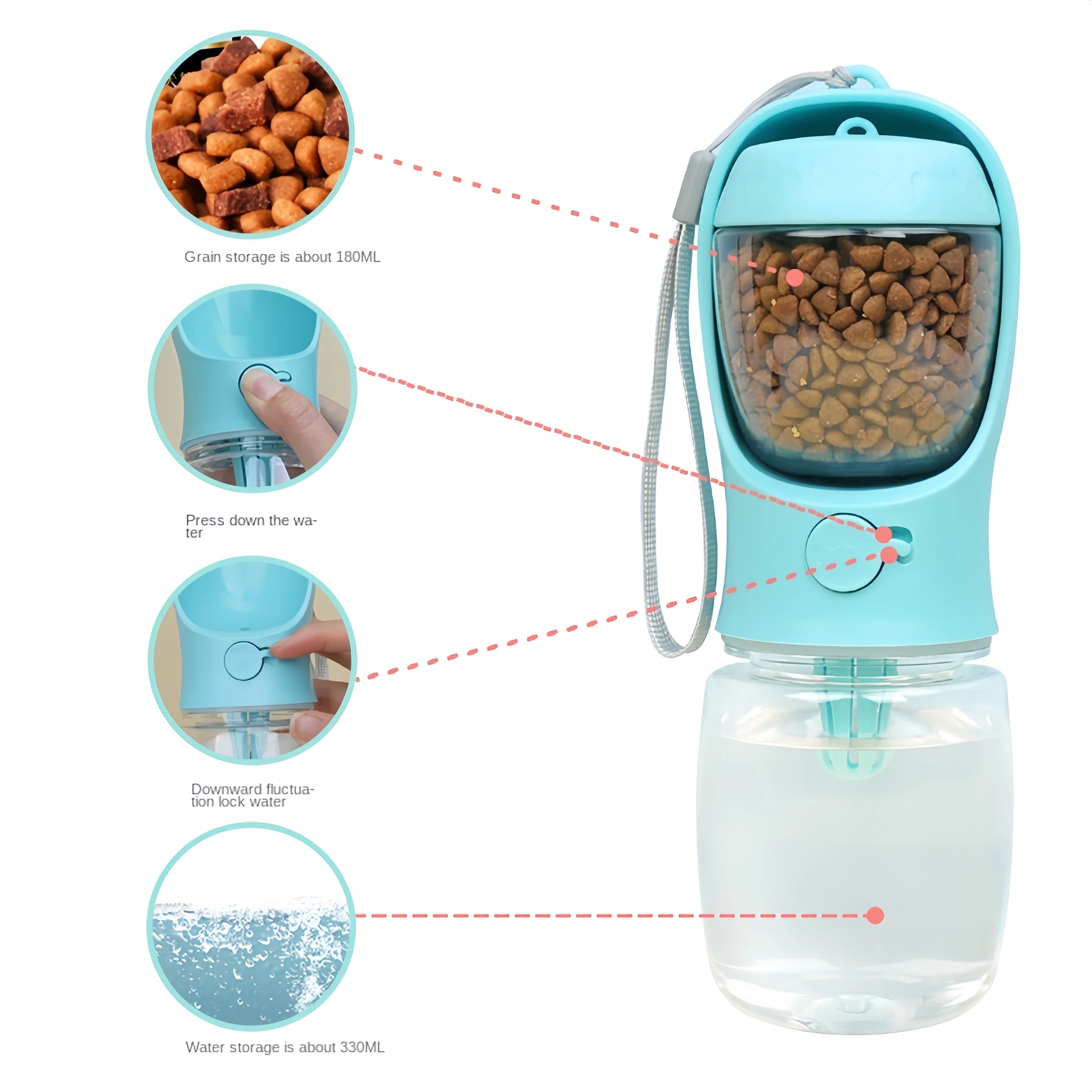 Portable Pet Water Bottle with Built-In Food Storage - Travel Dog & Cat Feeder Bowl