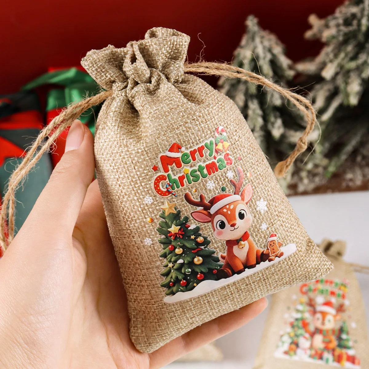 6-Pack Burlap Christmas Gift Bags with Santa & Reindeer Prints, Drawstring Jute Party Favor Bags