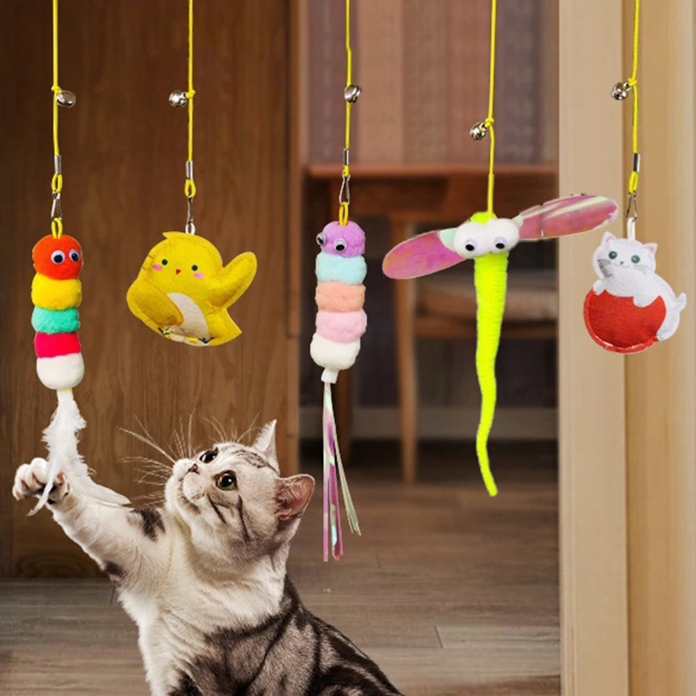 Adjustable Hanging Feather Cat Toy for Door – Elastic Rope Interactive Teaser for Cats & Small Dogs 10–65 in (25–165 cm)