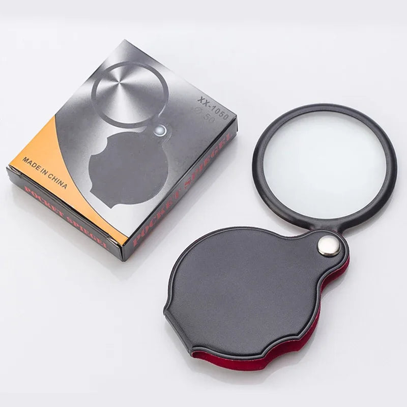 Folding Pocket Magnifier 6X/8X 50mm/60mm Leather Case Portable Handheld Loupe for Reading & Jewelry