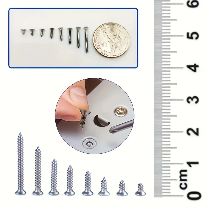 240-Piece Self-Tapping Wood Screw Set — 8 Sizes M2 (2mm) Flat Head Iron Screws with Organizer Box