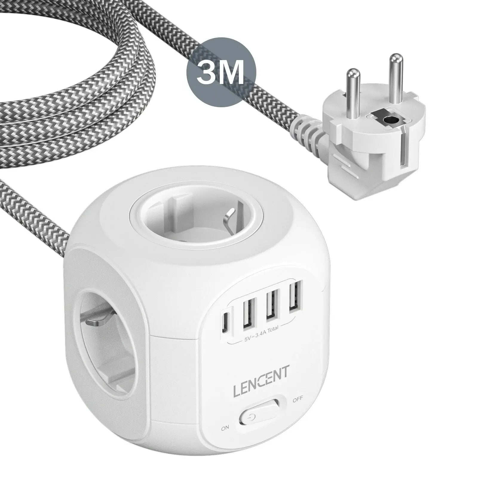 EU Plug Power Strip 4 AC Outlets, 3 USB Ports + 1 USB-C, 2m/3m Braided Cable Multi-Socket with Switch