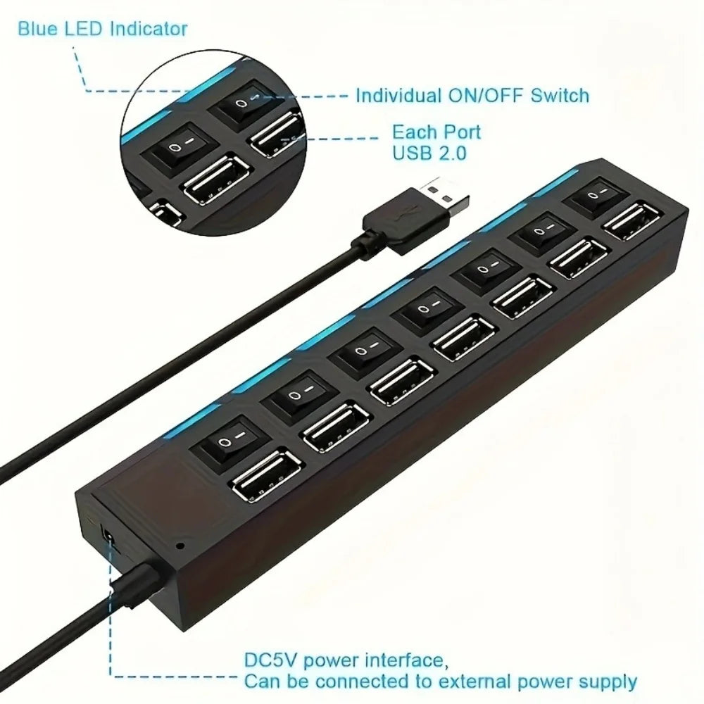 7-Port USB 2.0 Hub with Power Adapter, LED Indicators & On/Off Switch – 30 cm Cable, Portable USB Splitter for Laptop & PC