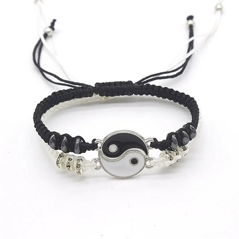 2-Piece Couples Tai Chi Bracelet Set Black & White Adjustable Rope Chain for Daily Wear
