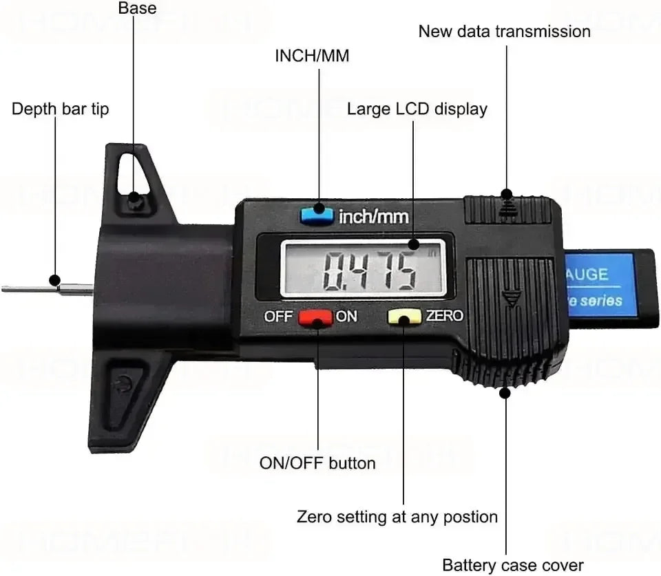 Digital Tire Tread Depth Gauge 0-25mm (0–0.98in) LCD Caliper — Portable Tire Gauge for Car, Motorcycle, Truck