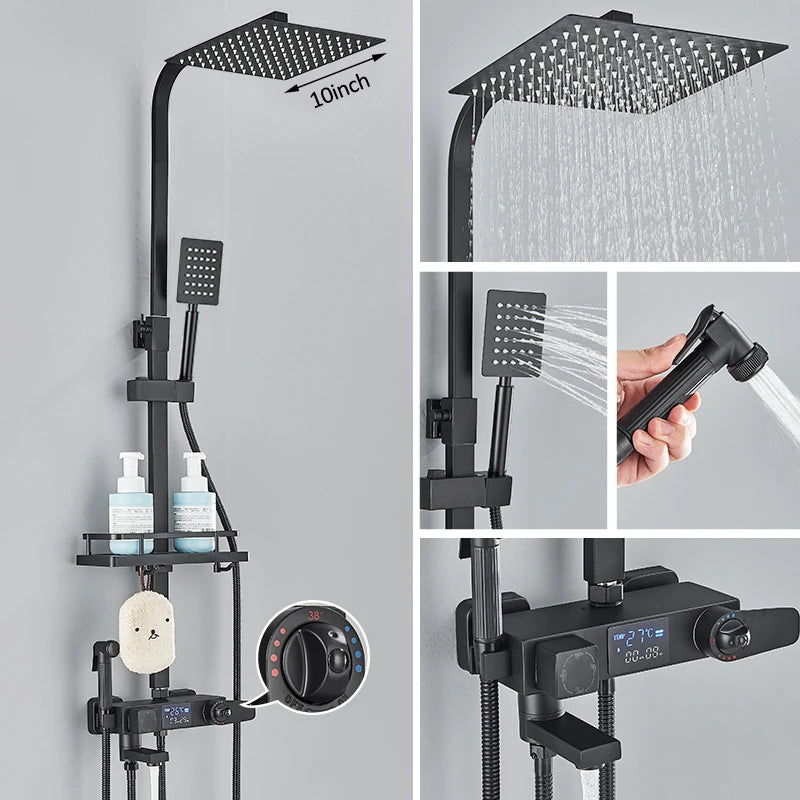 Black Thermostatic Shower Mixer with Digital Display, 4-Way Valve, 8-Inch (20 cm) Rainfall Head & Shelf