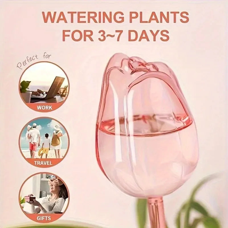 Pink Tulip Self-Watering Plant Globes — Automatic Indoor & Outdoor Drippers 9.4in x 2.6in (24cm x 6.5cm)