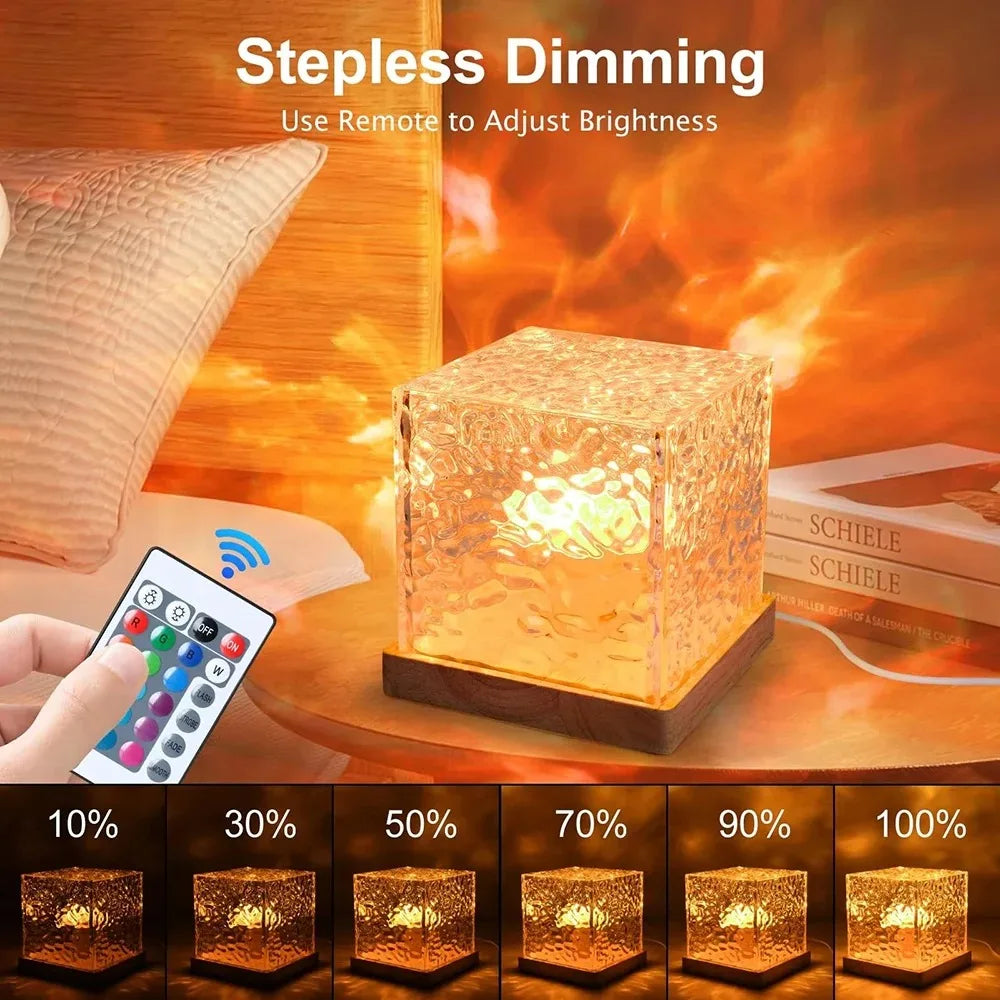 3- or 16-Color Rotating Water Ripple Projector Night Light with Remote USB Crystal Flame Lamp for Bedroom Living Room Study